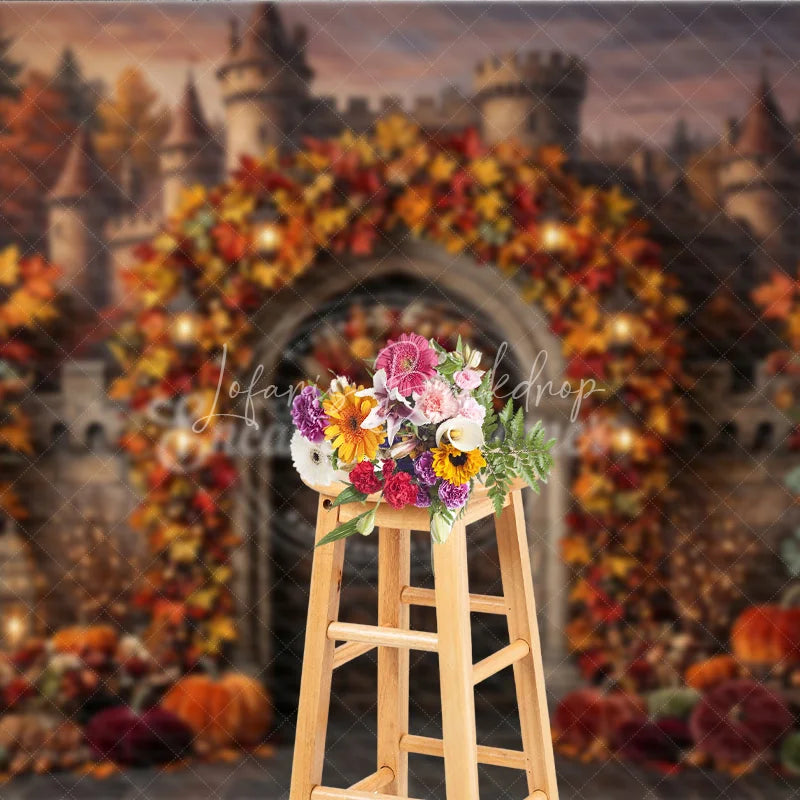 Lofaris Enchanting Autumn Castle Archway Photography Backdrop with Fall Leaves Pumpkins and Lanterns Decor