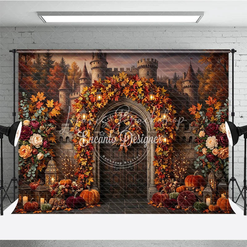 Lofaris Enchanting Autumn Castle Archway Photography Backdrop with Fall Leaves Pumpkins and Lanterns Decor