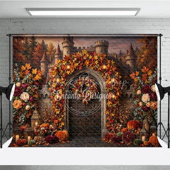 Lofaris Enchanting Autumn Castle Archway Photography Backdrop with Fall Leaves Pumpkins and Lanterns Decor