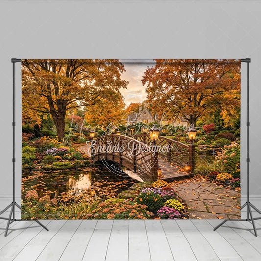 Lofaris Enchanting Autumn Garden Photography Backdrop Wooden Bridge over Pond Fall Foliage and Lanterns