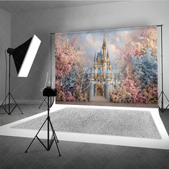 Lofaris Enchanting Fairy Tale Castle Photography Backdrop Pink and Blue Flowers Dreamy Princess Party Baby Shower Decor