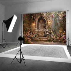 Lofaris Enchanting Fairytale Wooden Door Photography Backdrop with Climbing Roses and Lanterns Romantic Garden Scene