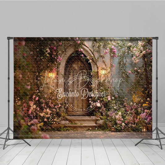 Lofaris Enchanting Fairytale Wooden Door Photography Backdrop with Climbing Roses and Lanterns Romantic Garden Scene