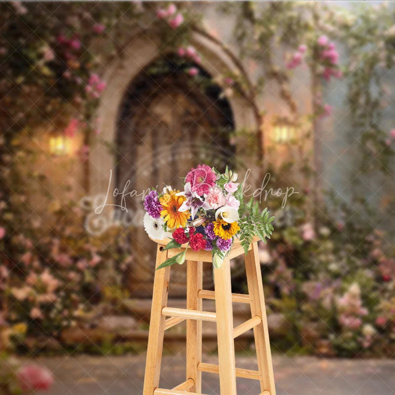 Lofaris Enchanting Fairytale Wooden Door Photography Backdrop with Climbing Roses and Lanterns Romantic Garden Scene
