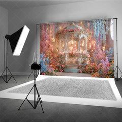 Lofaris Enchanting Floral Gazebo Photography Backdrop Whimsical Garden with Hanging Lights and Pastel Flowers