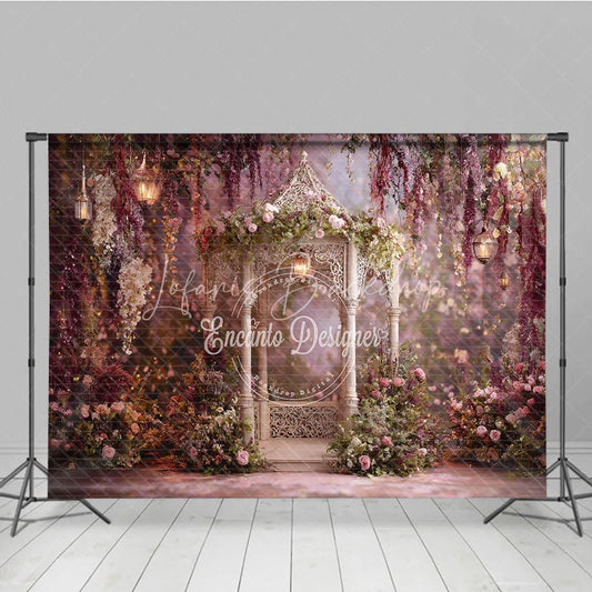 Lofaris Enchanting Floral Gazebo Photography Backdrop with Hanging Lanterns Romantic Garden Theme for Weddings