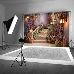 Lofaris Enchanting Floral Staircase Photography Backdrop with Romantic Lanterns Fairytale Garden Theme