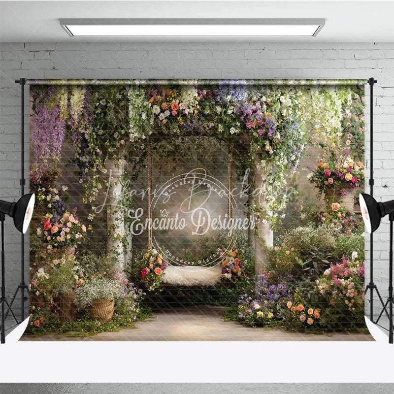 Lofaris Enchanting Garden Floral Archway Photography Backdrop Dreamy Swing and Lush Colorful Blooms