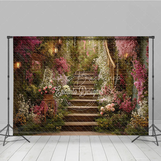 Lofaris Enchanting Garden Photography Backdrop with Winding Wooden Staircase Pink Flowers and Lanterns