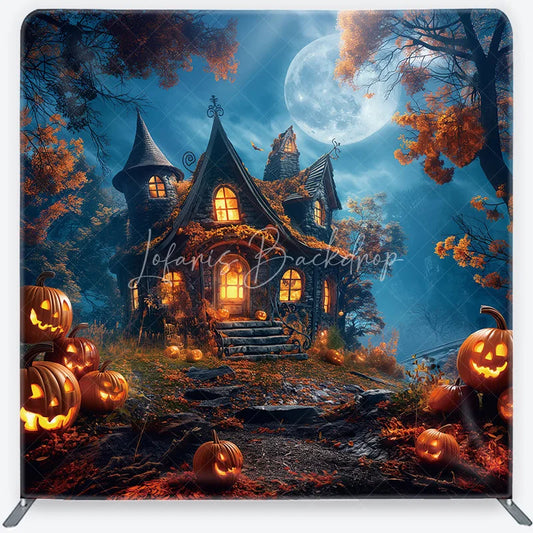 Lofaris Enchanting Halloween Haunted House Square Double-Sided Backdrop Full Moon and Jack-O’-Lanterns Decor