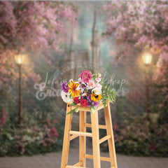Lofaris Enchanting Pink Cherry Blossom Castle Photography Backdrop with Glowing Street Lamps for Fairytale Dreams