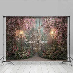 Lofaris Enchanting Pink Cherry Blossom Castle Photography Backdrop with Glowing Street Lamps for Fairytale Dreams