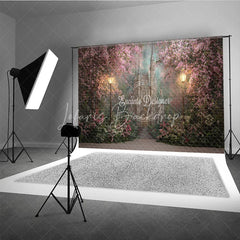 Lofaris Enchanting Pink Cherry Blossom Castle Photography Backdrop with Glowing Street Lamps for Fairytale Dreams