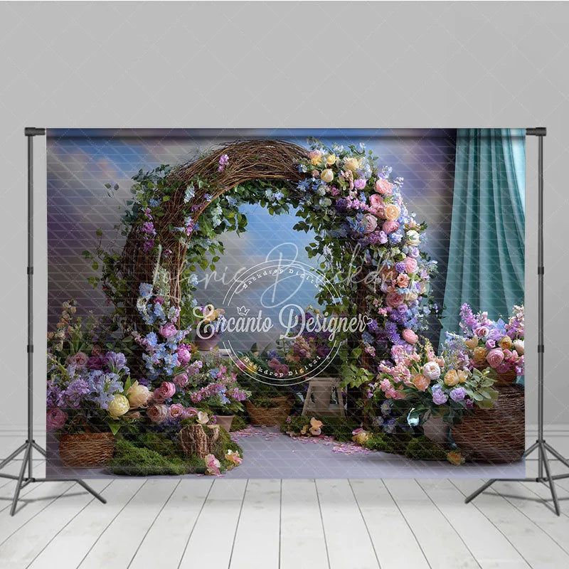Lofaris Enchanting Rustic Floral Arch Photography Backdrop with Pastel Flowers Green Foliage for Wedding or Baby Shower