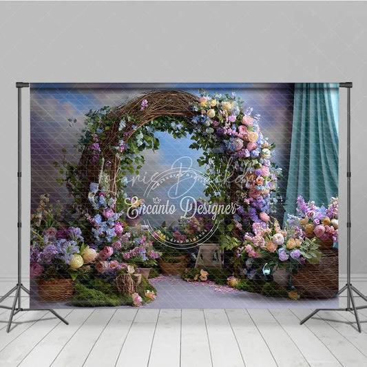 Lofaris Enchanting Rustic Floral Arch Photography Backdrop with Pastel Flowers Green Foliage for Wedding or Baby Shower