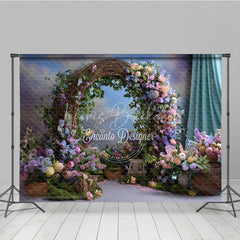 Lofaris Enchanting Rustic Floral Arch Photography Backdrop with Pastel Flowers Green Foliage for Wedding or Baby Shower