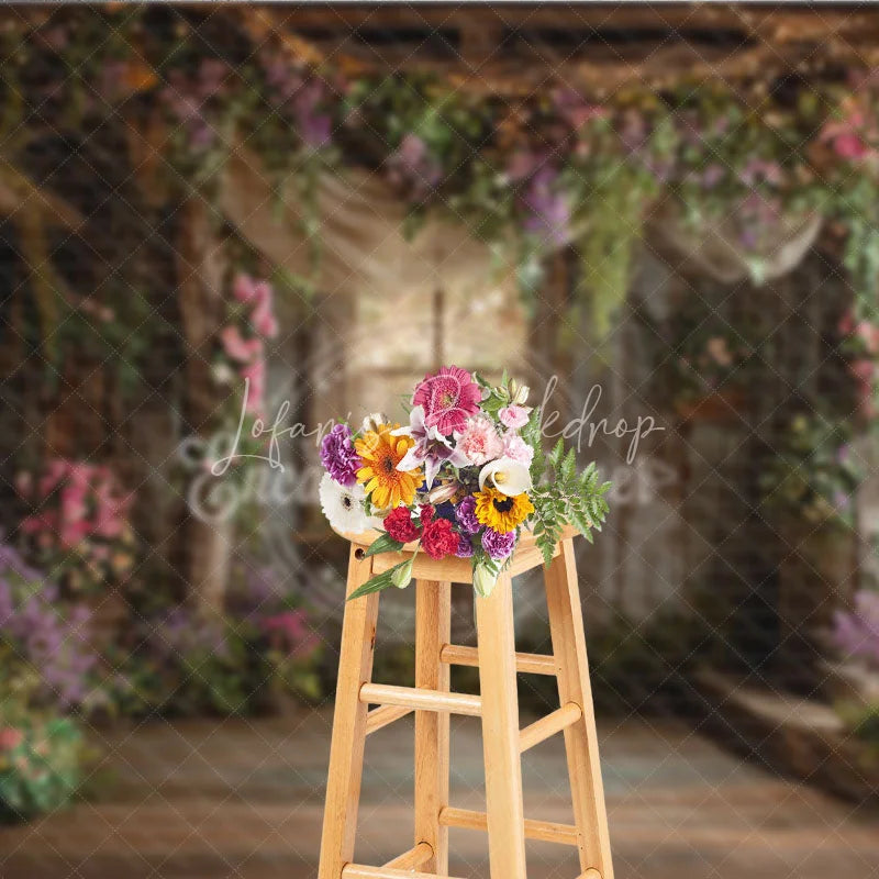 Lofaris Enchanting Rustic Wooden Barn Photography Backdrop with Lush Pink and Purple Floral Decor Fairy Lights Window View