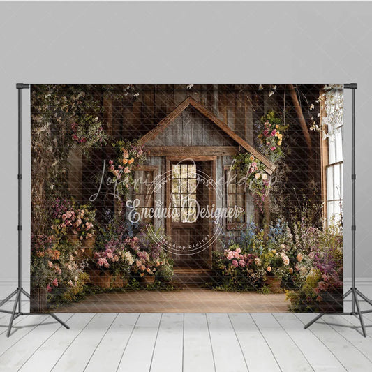 Lofaris Enchanting Rustic Wooden Cabin Photography Backdrop Lush Floral Garden Door and Window Scene