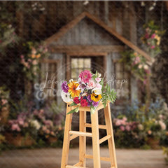 Lofaris Enchanting Rustic Wooden Cabin Photography Backdrop Lush Floral Garden Door and Window Scene