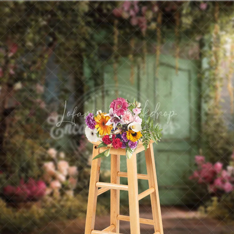 Lofaris Enchanting Secret Garden Photography Backdrop with Weathered Green Door Lush Pink Roses and Climbing Vines
