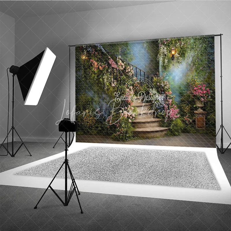 Lofaris Enchanting Secret Garden Photography Backdrop with Winding Stone Staircase Lush Flowers and Antique Lanterns