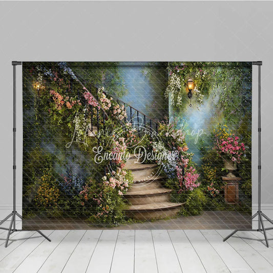 Lofaris Enchanting Secret Garden Photography Backdrop with Winding Stone Staircase Lush Flowers and Antique Lanterns