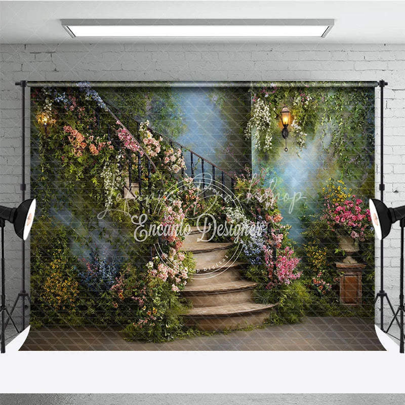 Lofaris Enchanting Secret Garden Photography Backdrop with Winding Stone Staircase Lush Flowers and Antique Lanterns