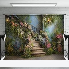Lofaris Enchanting Secret Garden Photography Backdrop with Winding Stone Staircase Lush Flowers and Antique Lanterns