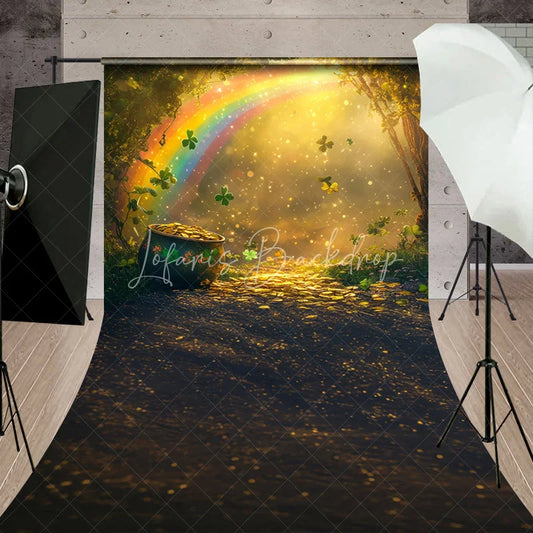 Lofaris Enchanting St. Patrick’s Day Sweep Backdrop featuring a Vibrant Rainbow Pot of Gold and Lucky Shamrocks