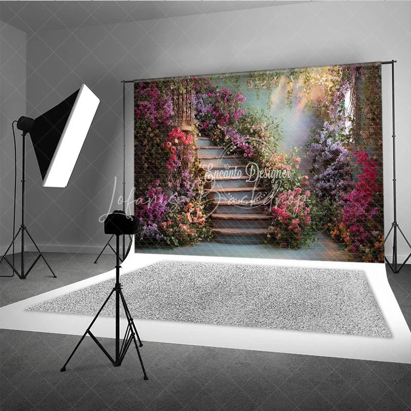 Lofaris Enchanting Winding Staircase Photography Backdrop with Vibrant Bougainvillea and Lush Greenery