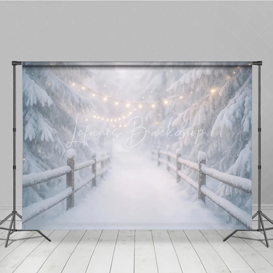 Lofaris Enchanting Winter Forest Photography Backdrop with Snow Covered Pine Trees Rustic Fence and Warm Fairy Lights