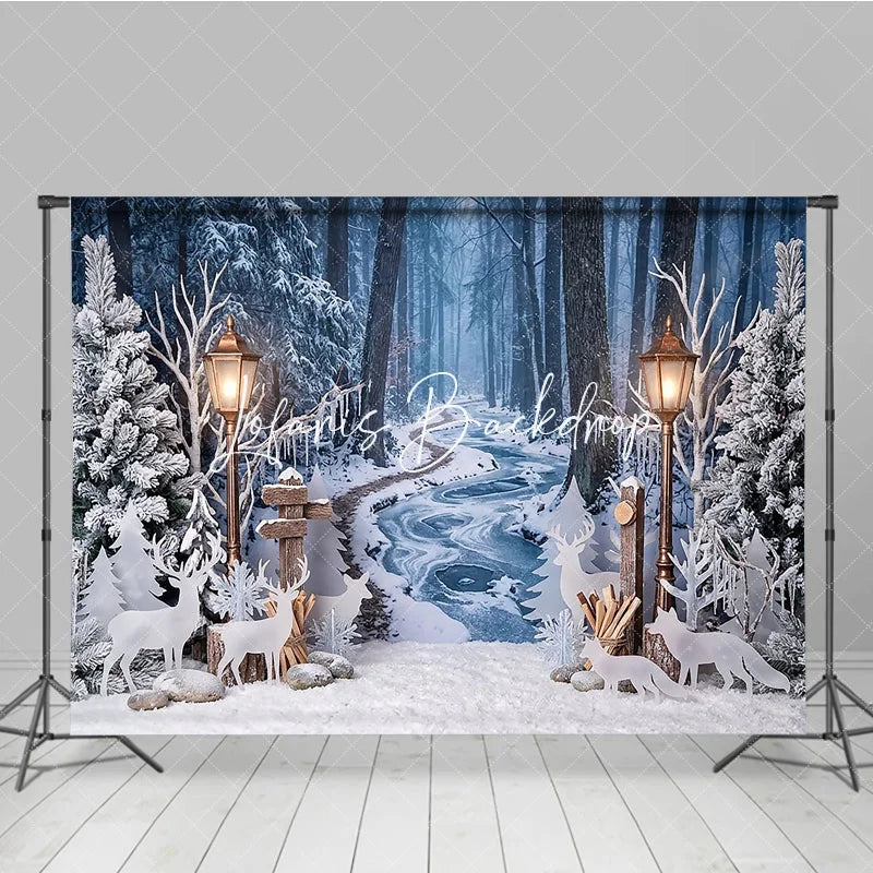 Lofaris Enchanting Winter Forest Photography Backdrop with Snow Frozen Stream Street Lamps Deer for Christmas Holiday