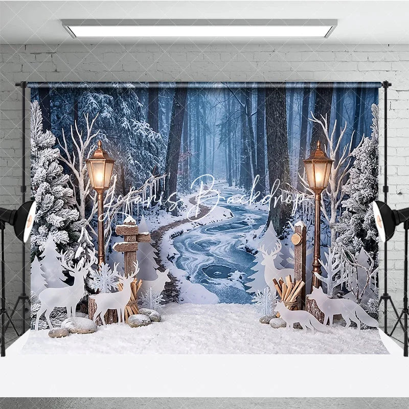Lofaris Enchanting Winter Forest Photography Backdrop with Snow Frozen Stream Street Lamps Deer for Christmas Holiday