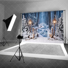 Lofaris Enchanting Winter Forest Photography Backdrop with Snow Frozen Stream Street Lamps Deer for Christmas Holiday