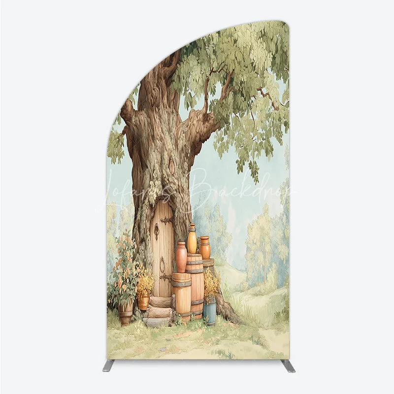 Lofaris Enchanting Woodland Tree House Half Moon Arch Backdrop Rustic Fairytale Door and Green Foliage Decor