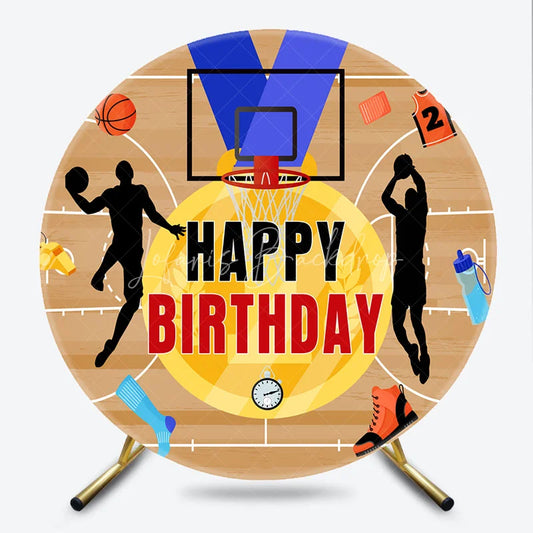 Lofaris Energetic Basketball Court Happy Birthday Round Backdrop featuring Player Silhouettes and Sports Theme Party Decor