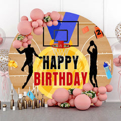Lofaris Energetic Basketball Court Happy Birthday Round Backdrop featuring Player Silhouettes and Sports Theme Party Decor