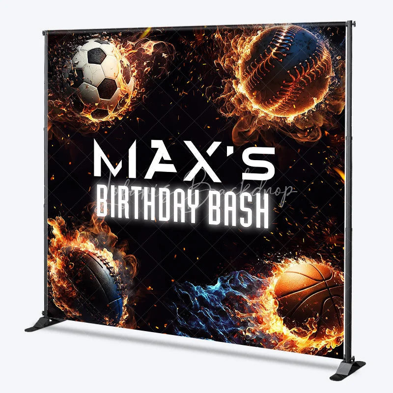 Lofaris Energetic Custom Sports Balls Fire Birthday Bash Backdrop with Personalized Name Dynamic Party Decoration