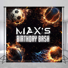 Lofaris Energetic Custom Sports Balls Fire Birthday Bash Backdrop with Personalized Name Dynamic Party Decoration