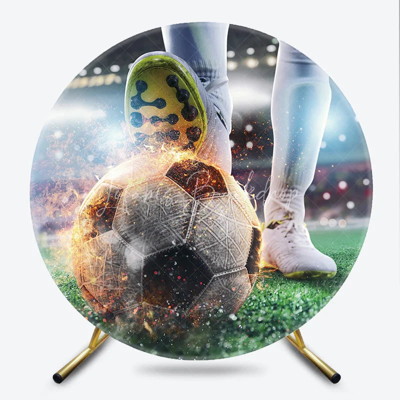 Lofaris Energetic Soccer Player Kicking Fiery Ball Round Backdrop Thrilling Stadium Sports Game Day Decor
