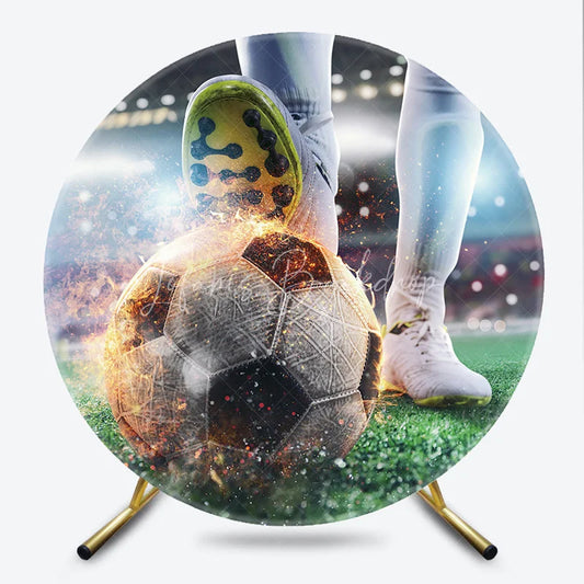 Lofaris Energetic Soccer Player Kicking Fiery Ball Round Backdrop Thrilling Stadium Sports Game Day Decor