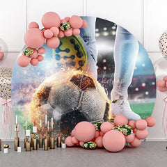 Lofaris Energetic Soccer Player Kicking Fiery Ball Round Backdrop Thrilling Stadium Sports Game Day Decor