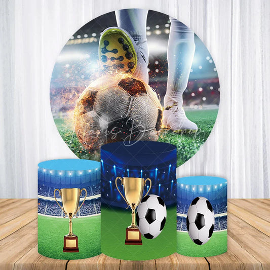 Lofaris Energetic Soccer Player Kicking Flaming Ball Round Backdrop Kit Stadium and Golden Trophy Pedestals for Sports Party