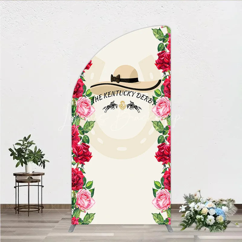 Lofaris Equestrian Race Day Half Moon Arch Backdrop with Elegant Hat Horse Silhouettes and Vibrant Red Roses
