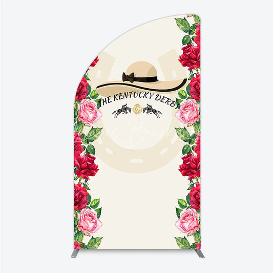 Lofaris Equestrian Race Day Half Moon Arch Backdrop with Elegant Hat Horse Silhouettes and Vibrant Red Roses