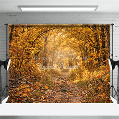 Lofaris Ethereal Golden Autumn Forest Photography Backdrop Sunlit Path with Falling Leaves for Seasonal Portraits