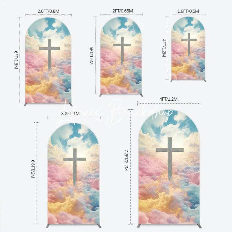 Lofaris Ethereal Pastel Clouds and Divine Cross Round Top Arch Backdrop Heavenly Religious Event Decor