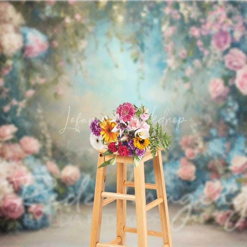 Lofaris Ethereal Pink Roses Blue Hydrangeas Floral Garden Spring Photography Backdrop Wedding Baby Shower