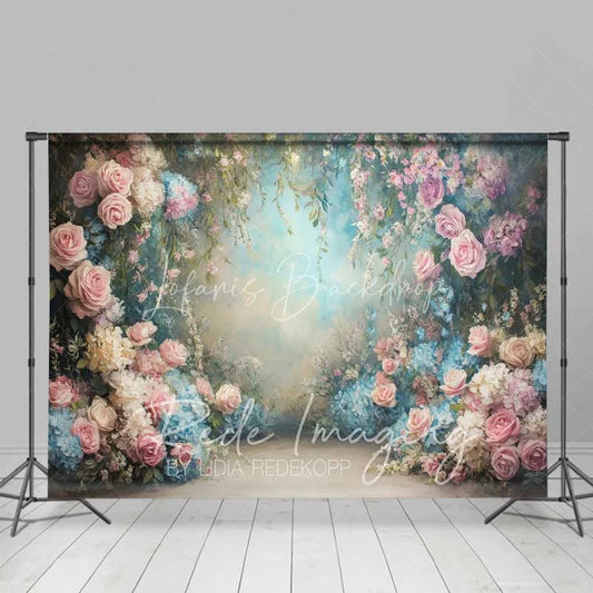 Lofaris Ethereal Pink Roses Blue Hydrangeas Floral Garden Spring Photography Backdrop Wedding Baby Shower
