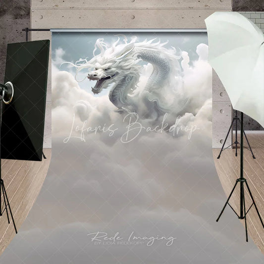 Lofaris Ethereal White Dragon in Clouds Photography Backdrop Mythical Fantasy Portrait Background